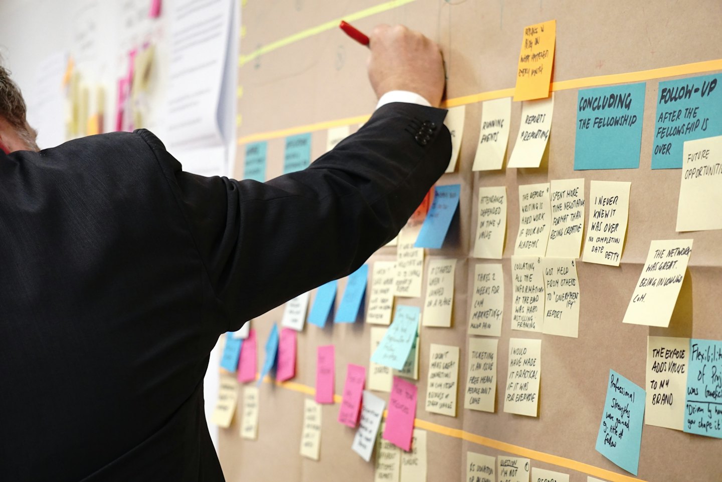 Person in a suit writes on a project board with sticky notes.